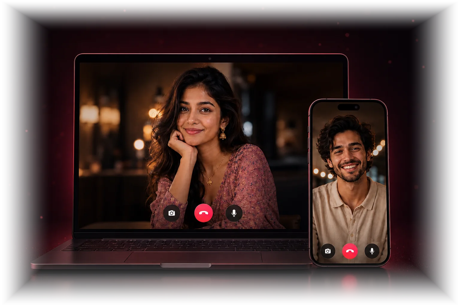 A private HiIClubChat video conversation shown on a laptop and mobile phone